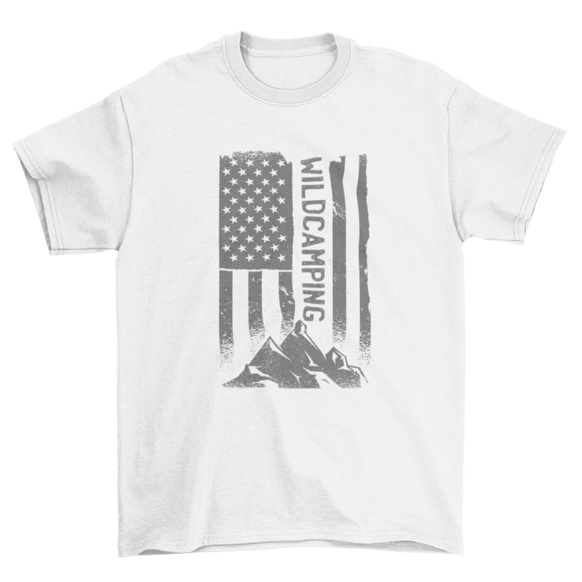 American flag camp mountain t-shirt featuring a mountain graphic and the quote 'Wild camping'.