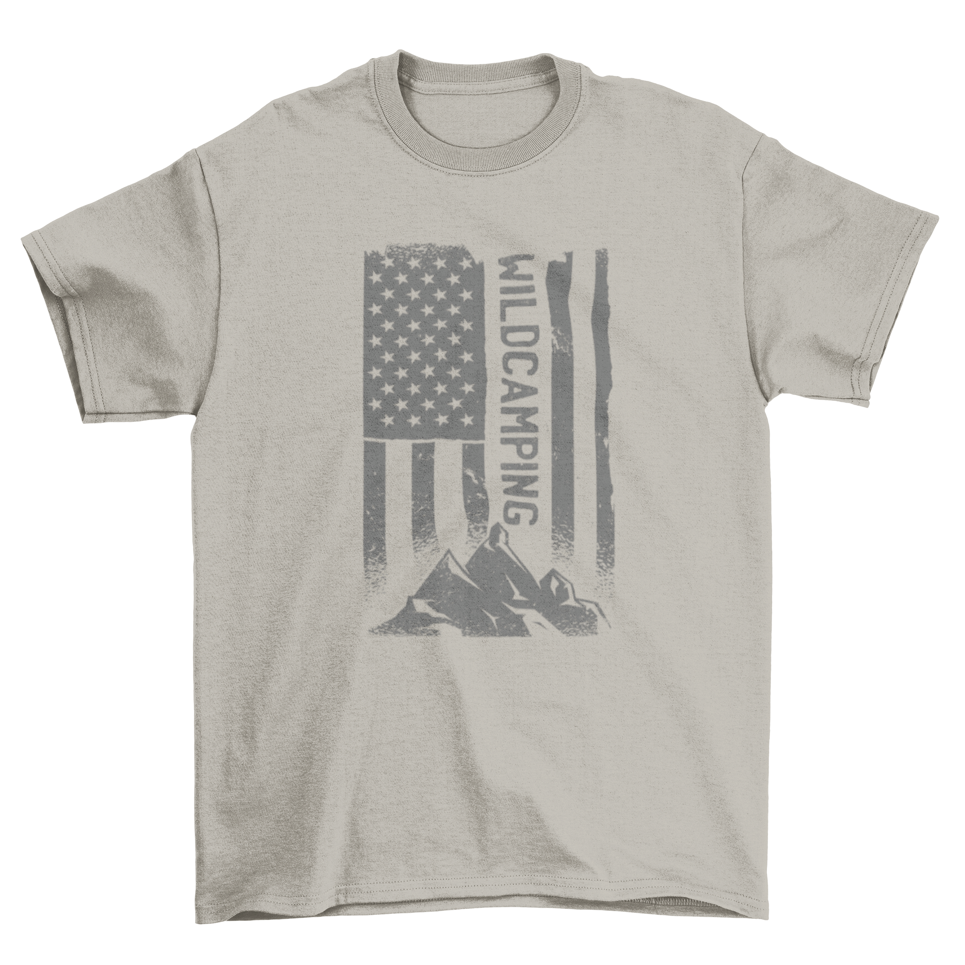 American flag camp mountain t-shirt featuring a mountain graphic and the quote 'Wild camping'.