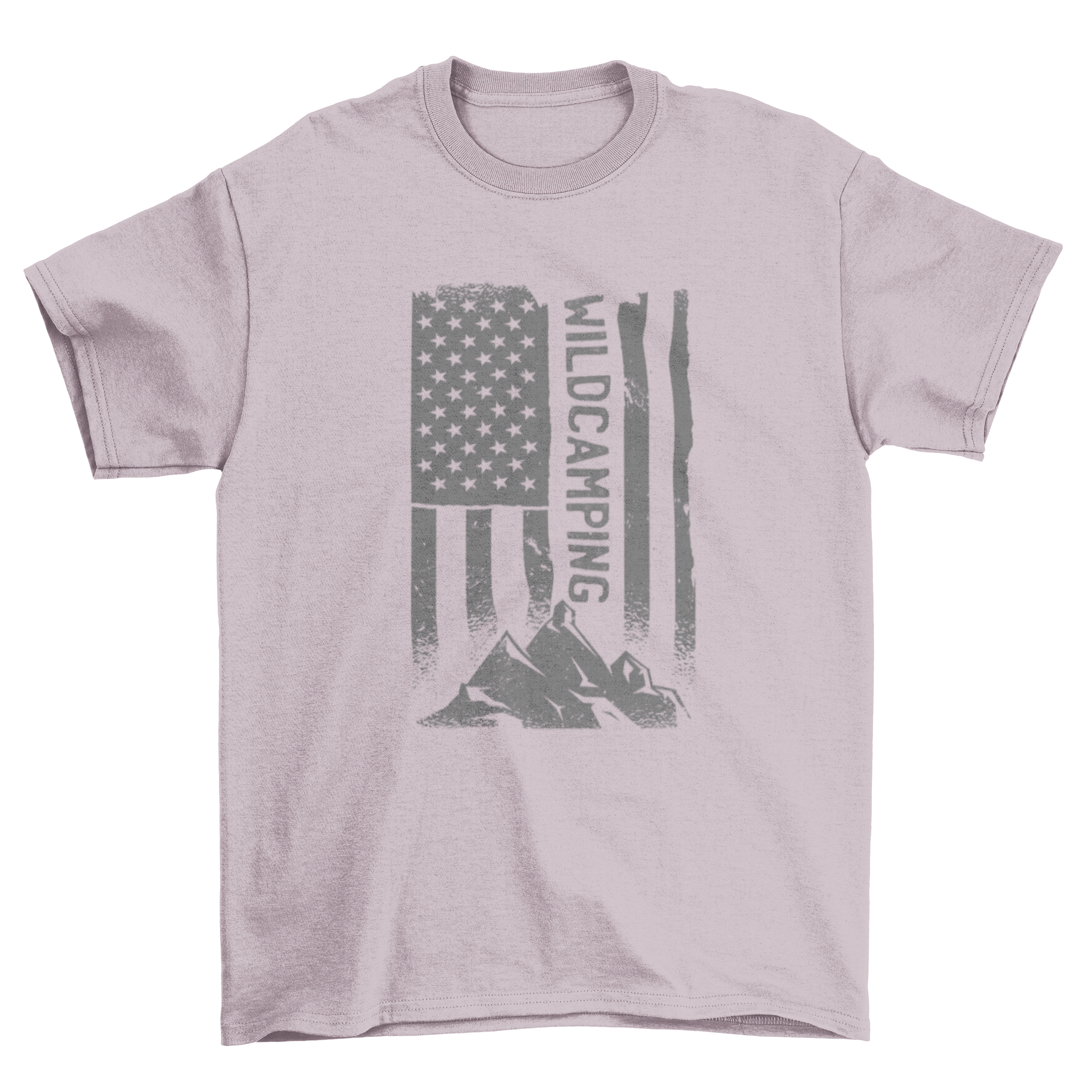 American flag camp mountain t-shirt featuring a mountain graphic and the quote 'Wild camping'.