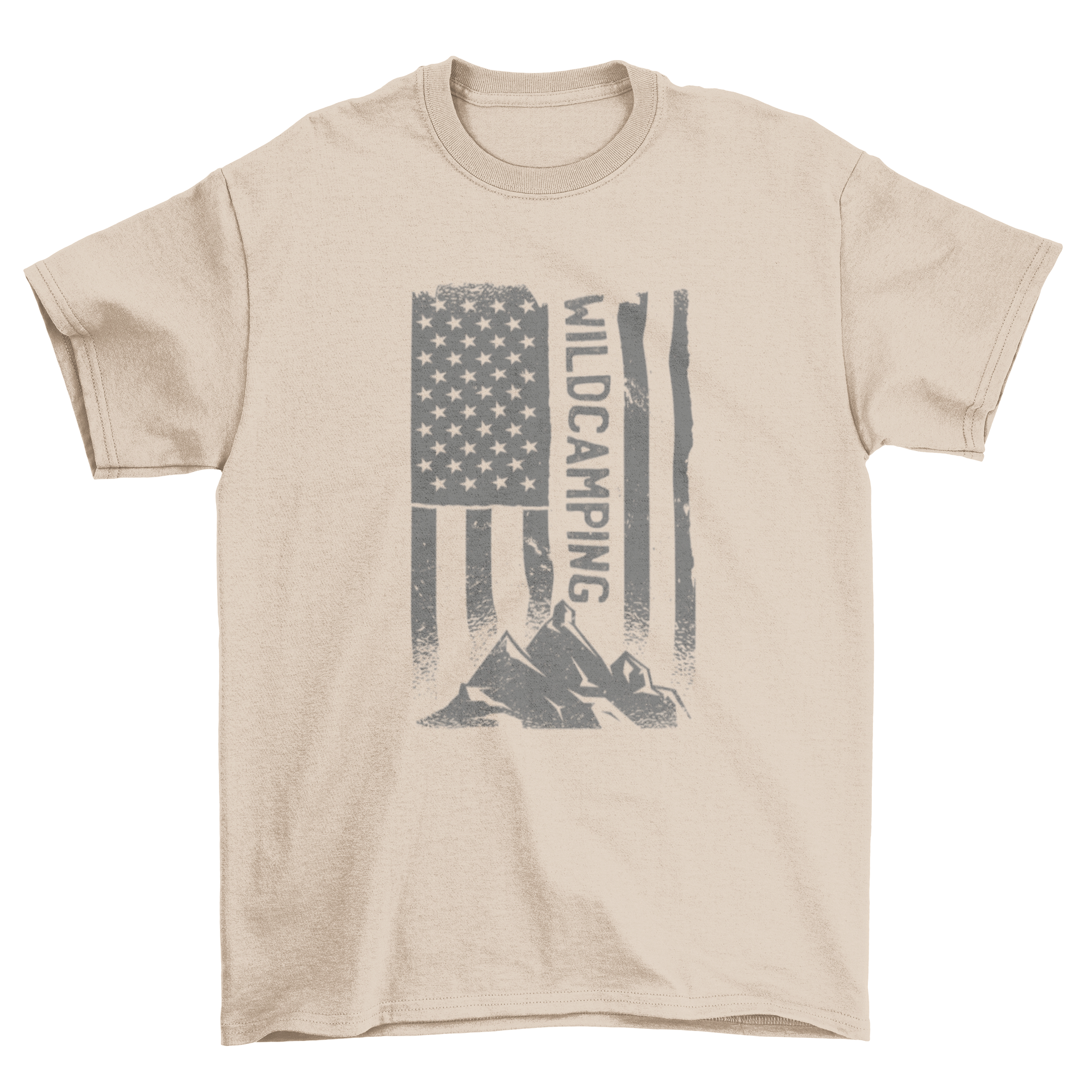 American flag camp mountain t-shirt featuring a mountain graphic and the quote 'Wild camping'.