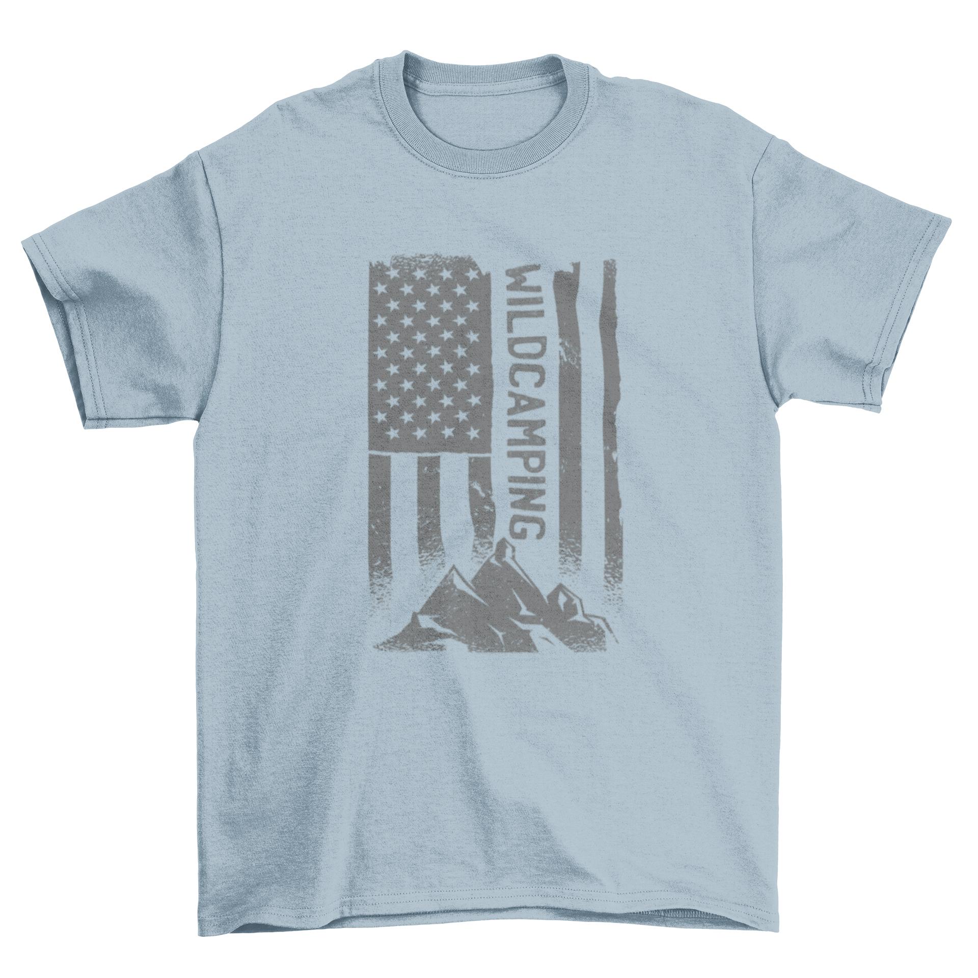 American flag camp mountain t-shirt featuring a mountain graphic and the quote 'Wild camping'.