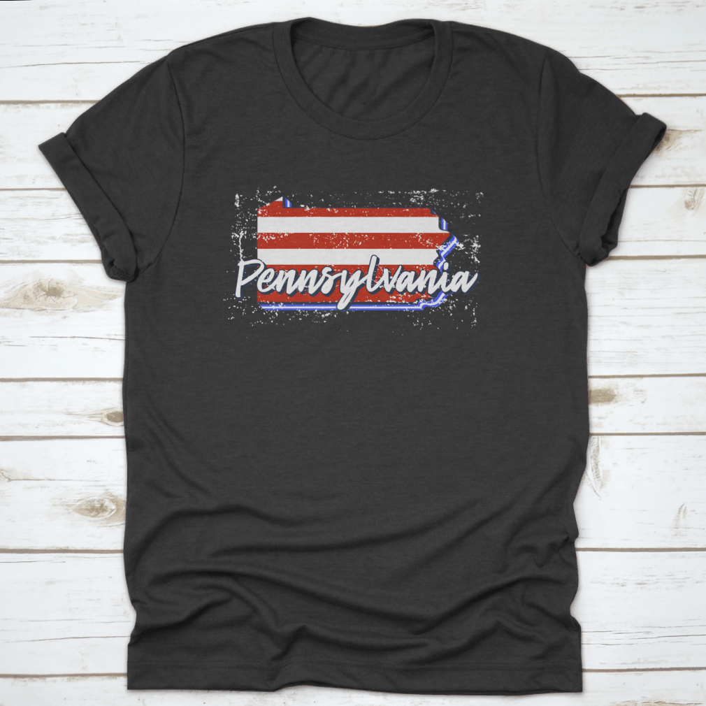 American Flag design integrated into a Pennsylvania state map, showcasing a grunge style on a cotton fabric.