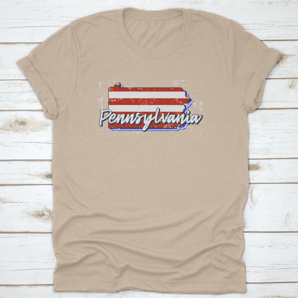 American Flag design integrated into a Pennsylvania state map, showcasing a grunge style on a cotton fabric.