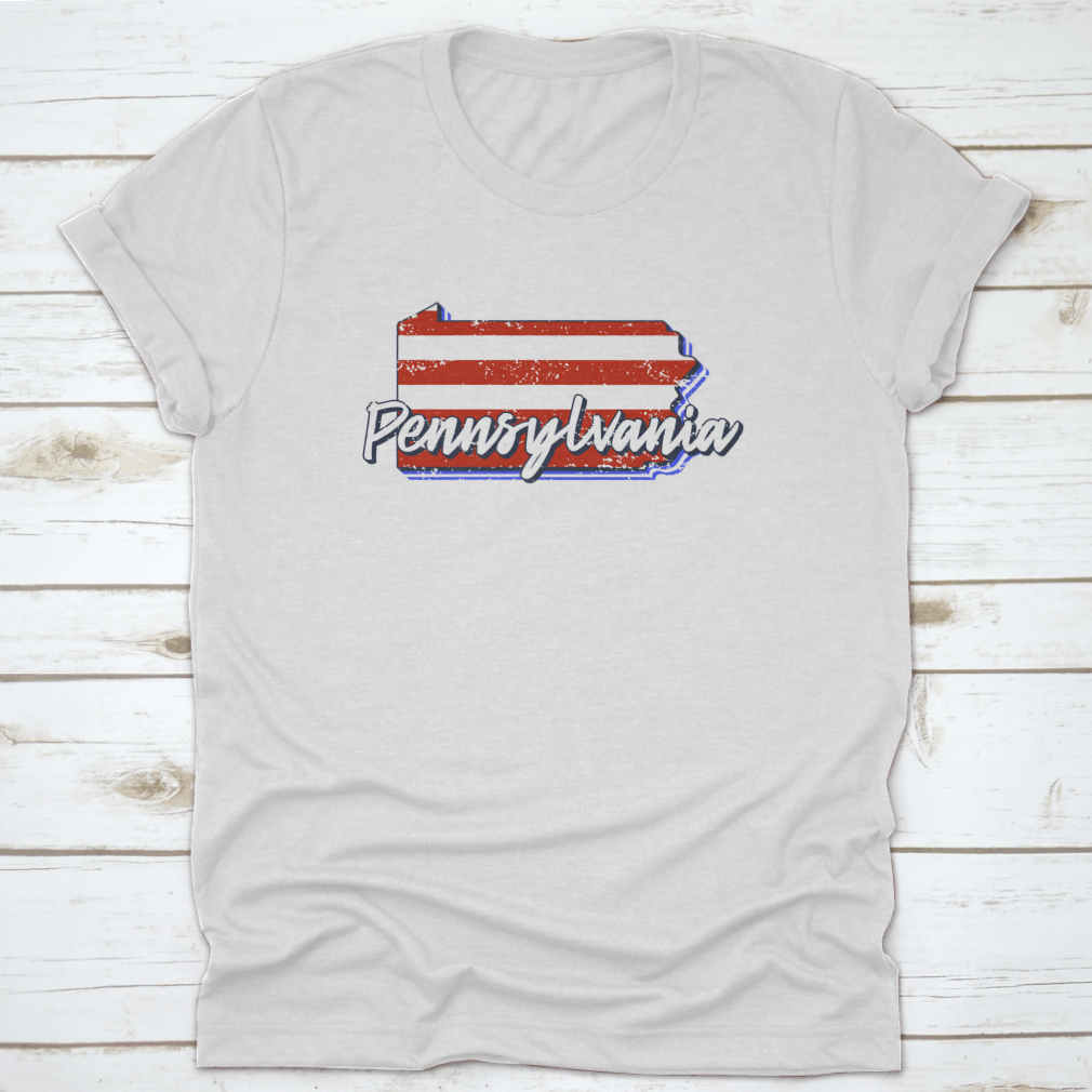 American Flag design integrated into a Pennsylvania state map, showcasing a grunge style on a cotton fabric.