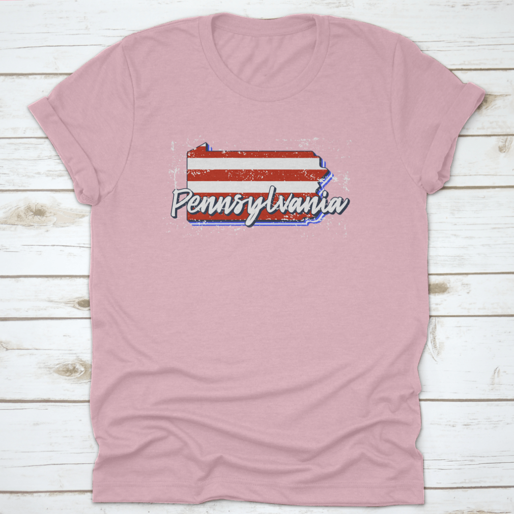 American Flag design integrated into a Pennsylvania state map, showcasing a grunge style on a cotton fabric.