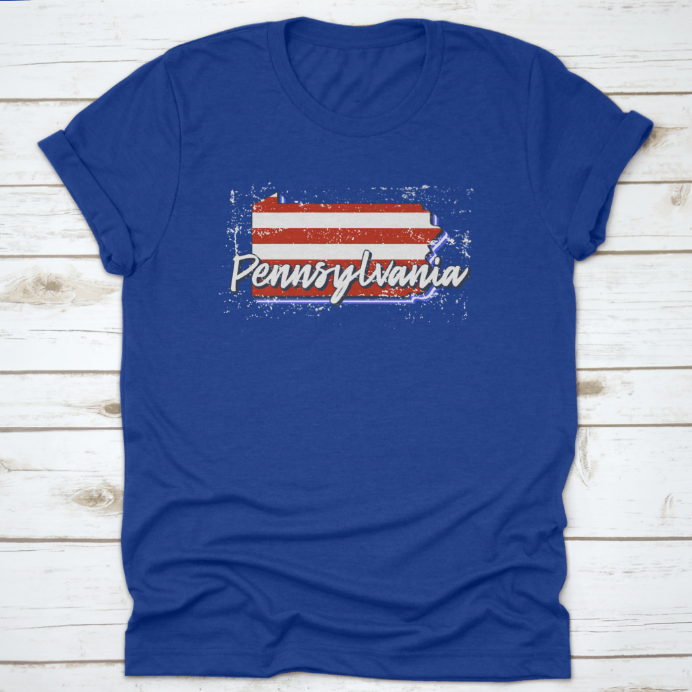 American Flag design integrated into a Pennsylvania state map, showcasing a grunge style on a cotton fabric.