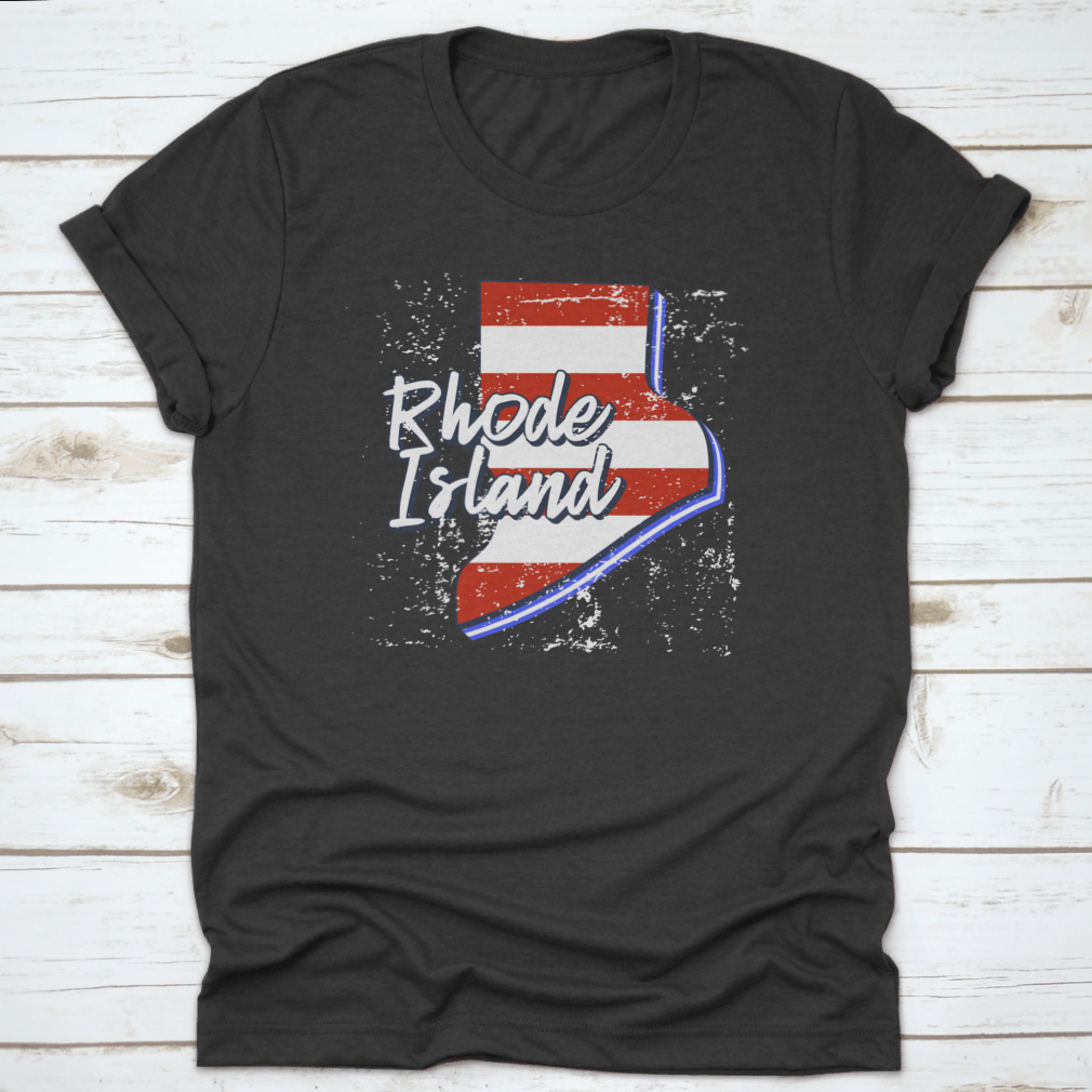 American Flag design integrated into a Rhode Island state map, showcasing a grunge style on a comfortable T-shirt.