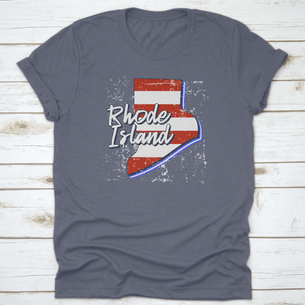 American Flag design integrated into a Rhode Island state map, showcasing a grunge style on a comfortable T-shirt.