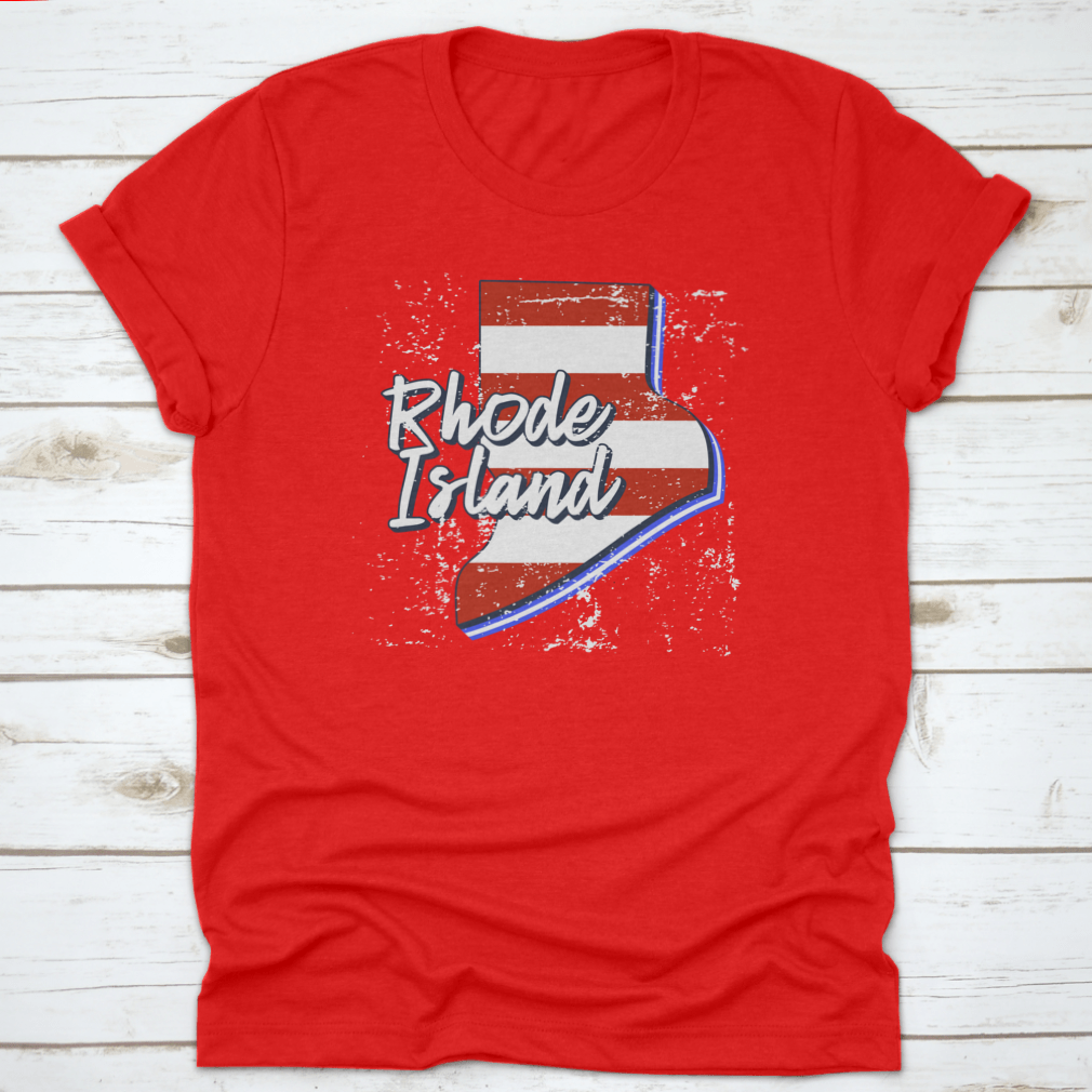 American Flag design integrated into a Rhode Island state map, showcasing a grunge style on a comfortable T-shirt.
