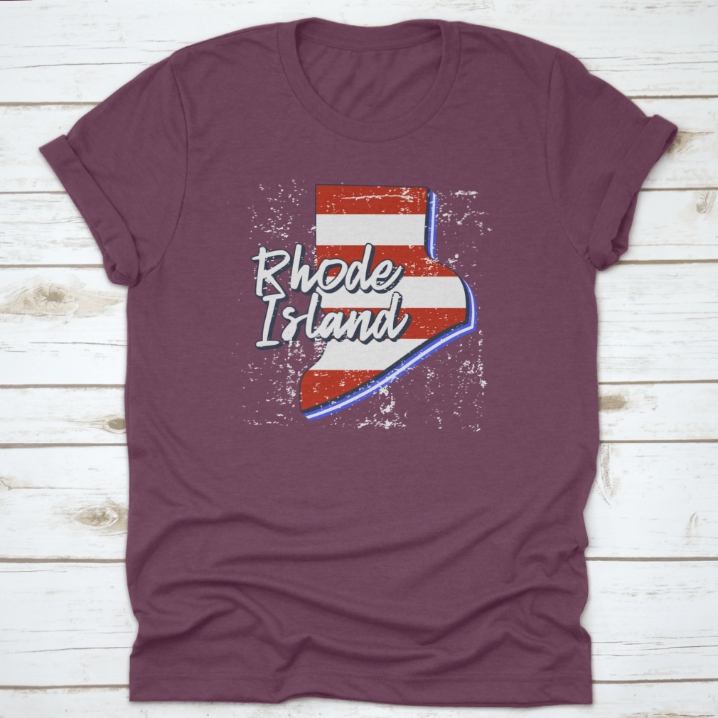 American Flag design integrated into a Rhode Island state map, showcasing a grunge style on a comfortable T-shirt.