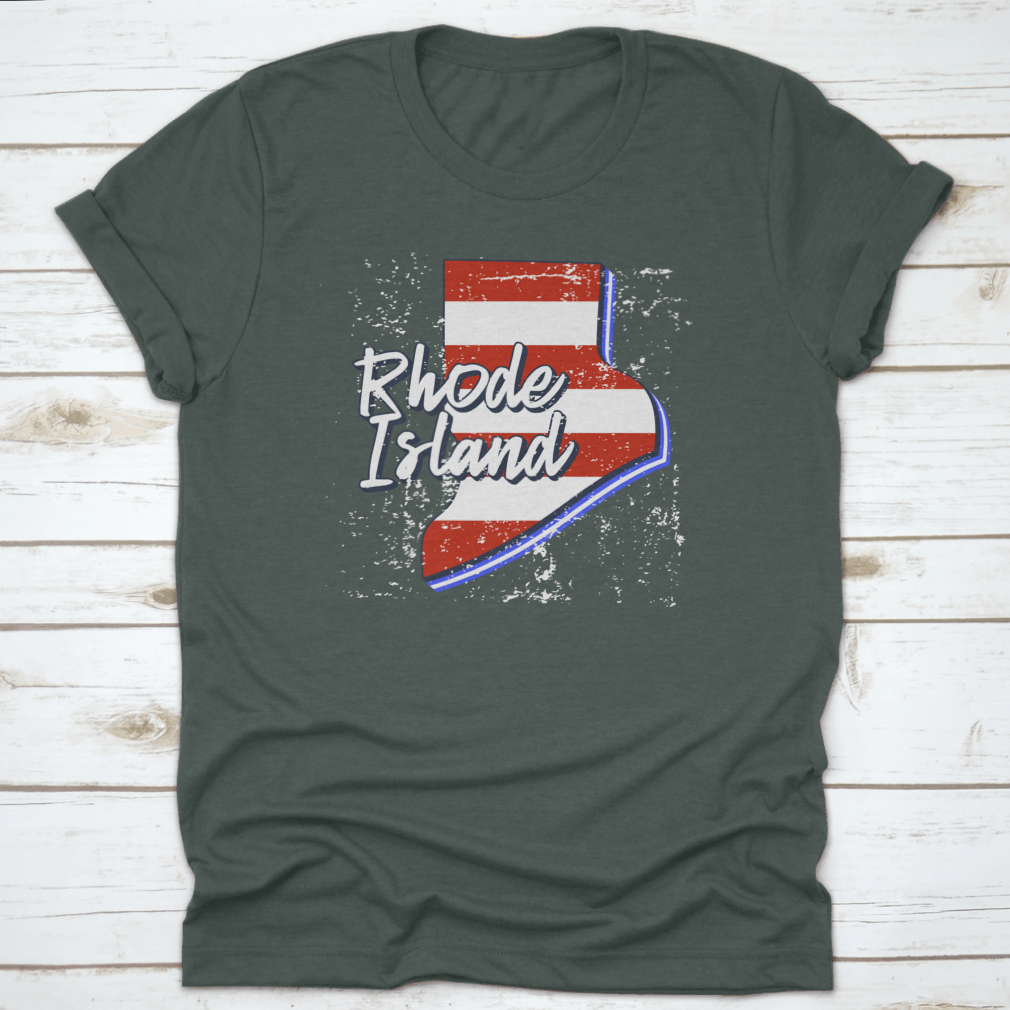 American Flag design integrated into a Rhode Island state map, showcasing a grunge style on a comfortable T-shirt.