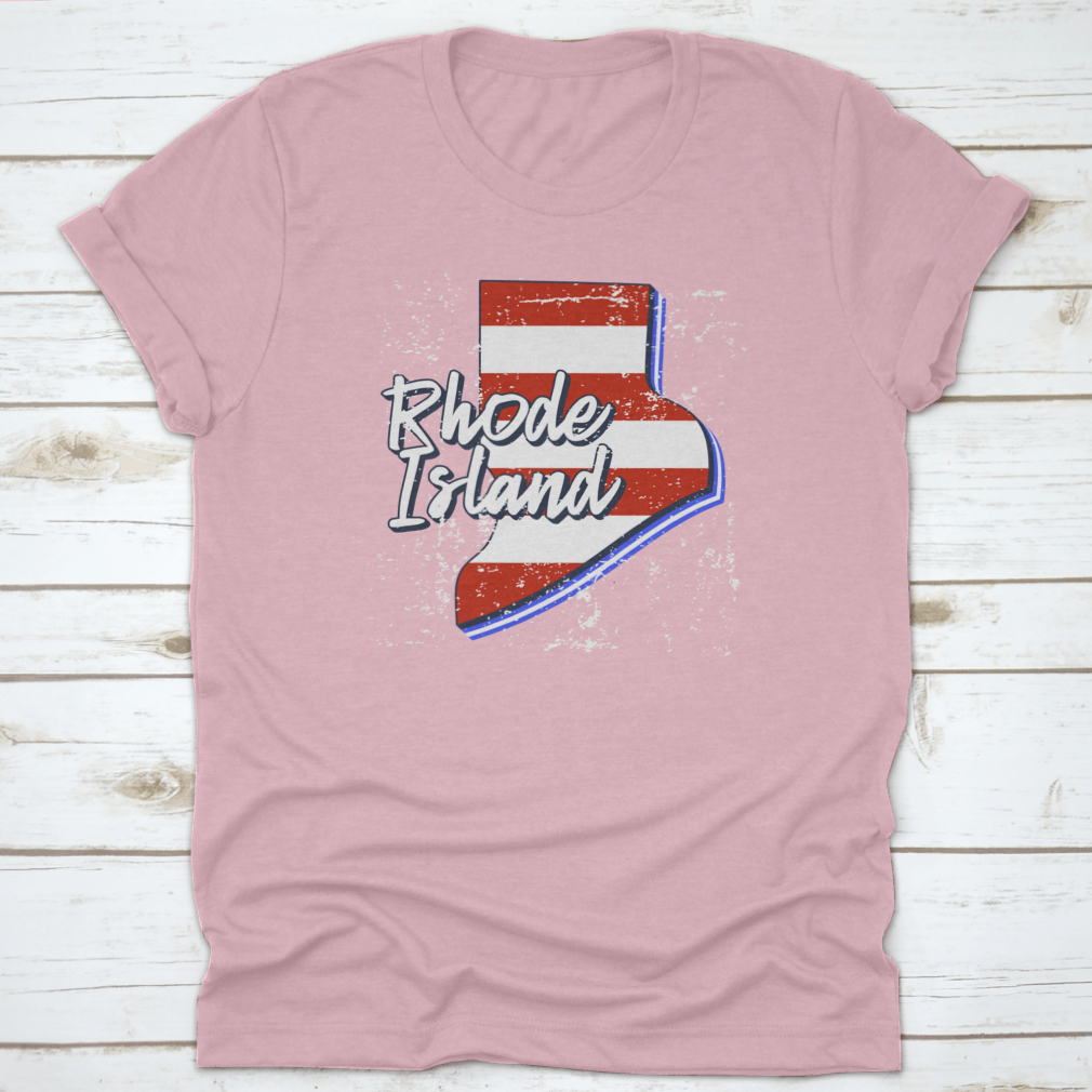 American Flag design integrated into a Rhode Island state map, showcasing a grunge style on a comfortable T-shirt.