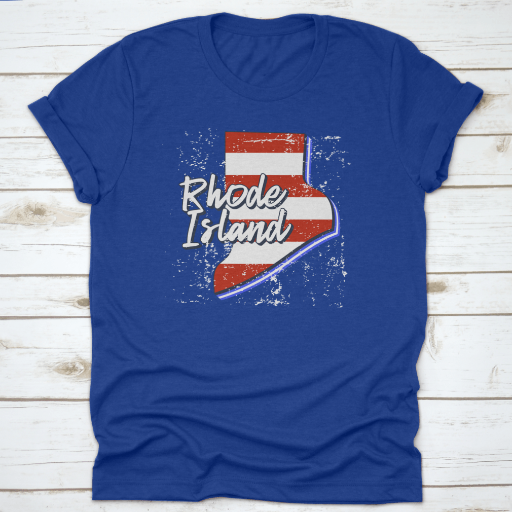American Flag design integrated into a Rhode Island state map, showcasing a grunge style on a comfortable T-shirt.