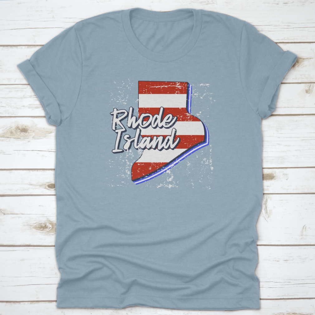 American Flag design integrated into a Rhode Island state map, showcasing a grunge style on a comfortable T-shirt.
