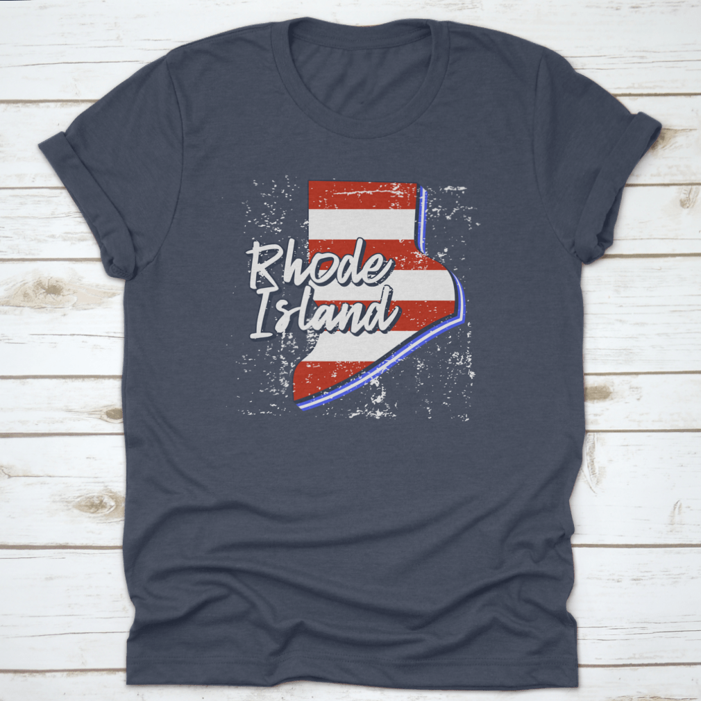 American Flag design integrated into a Rhode Island state map, showcasing a grunge style on a comfortable T-shirt.