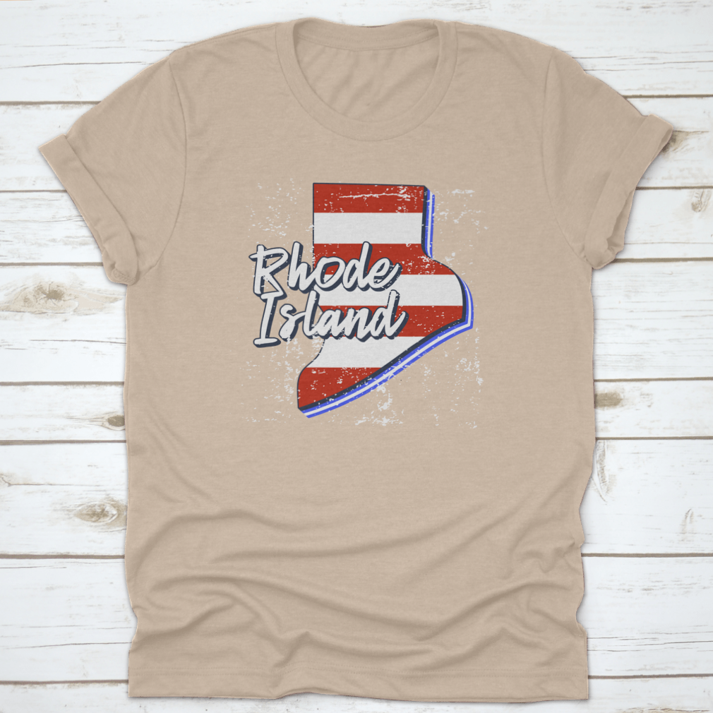 American Flag design integrated into a Rhode Island state map, showcasing a grunge style on a comfortable T-shirt.