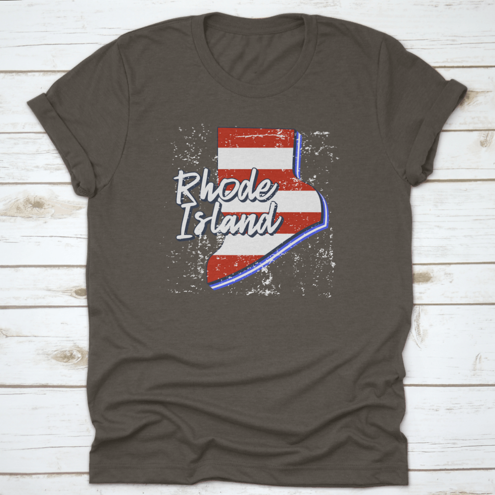 American Flag design integrated into a Rhode Island state map, showcasing a grunge style on a comfortable T-shirt.