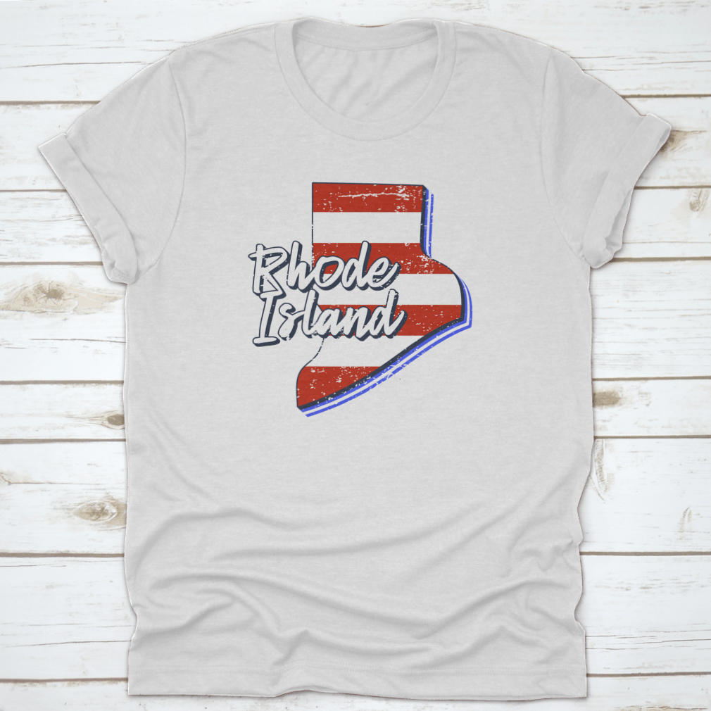 American Flag design integrated into a Rhode Island state map, showcasing a grunge style on a comfortable T-shirt.