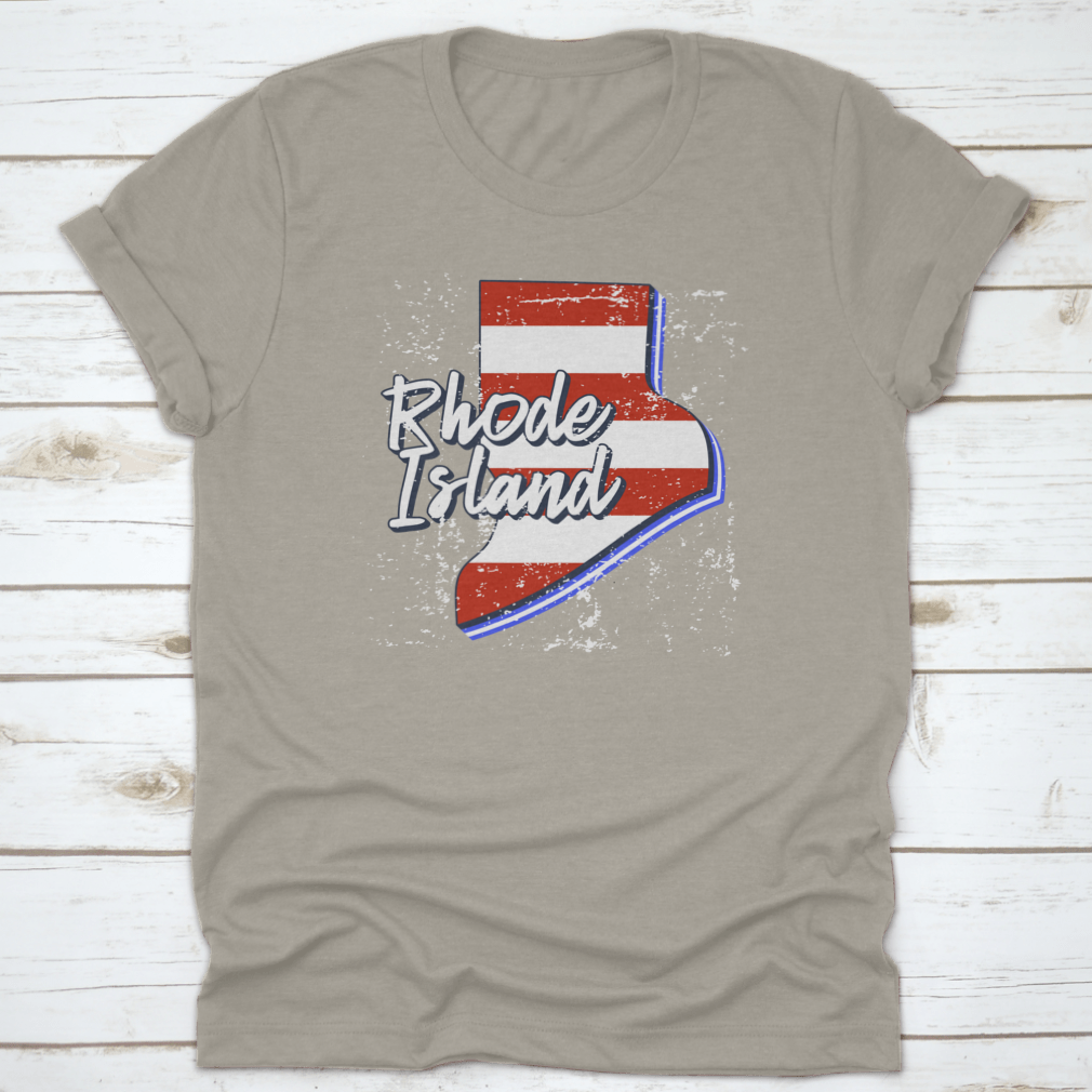 American Flag design integrated into a Rhode Island state map, showcasing a grunge style on a comfortable T-shirt.
