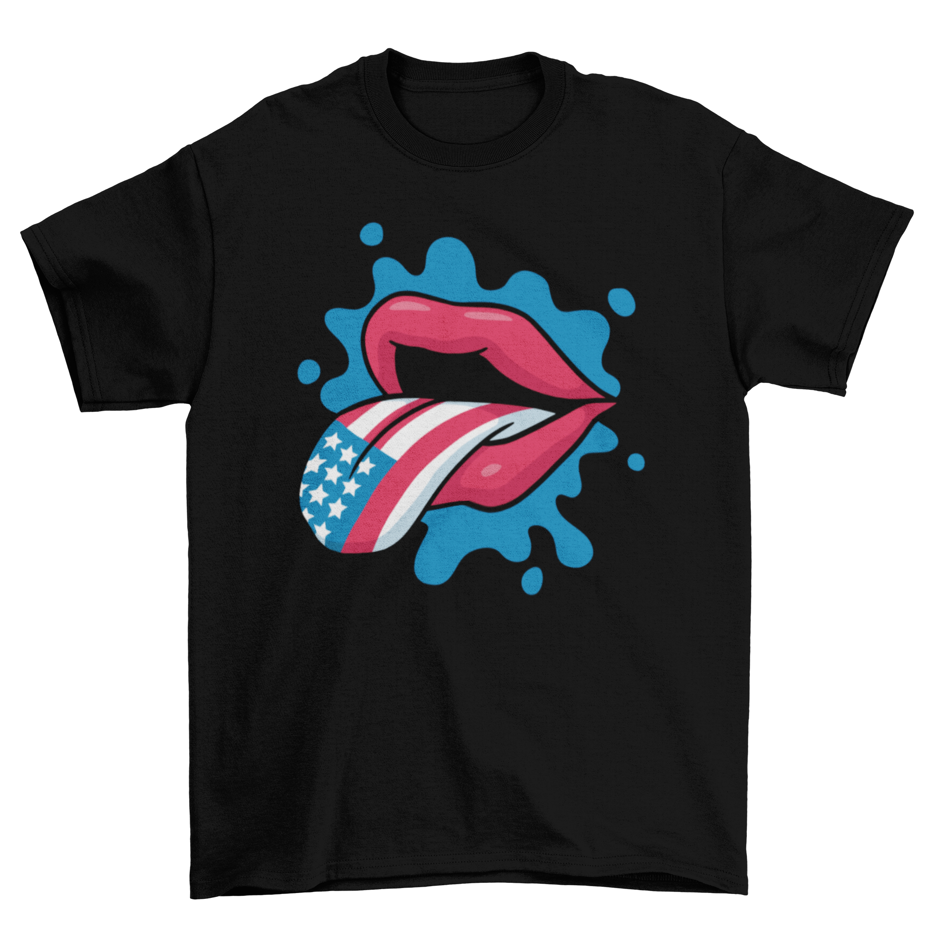 A cartoon t-shirt featuring an open mouth and tongue with an American flag pattern, showcasing a fun and patriotic design.