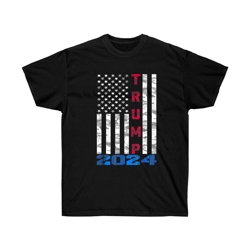 Black t-shirt featuring a camo pattern with the American flag and Trump 2024 design, showcasing patriotic style.