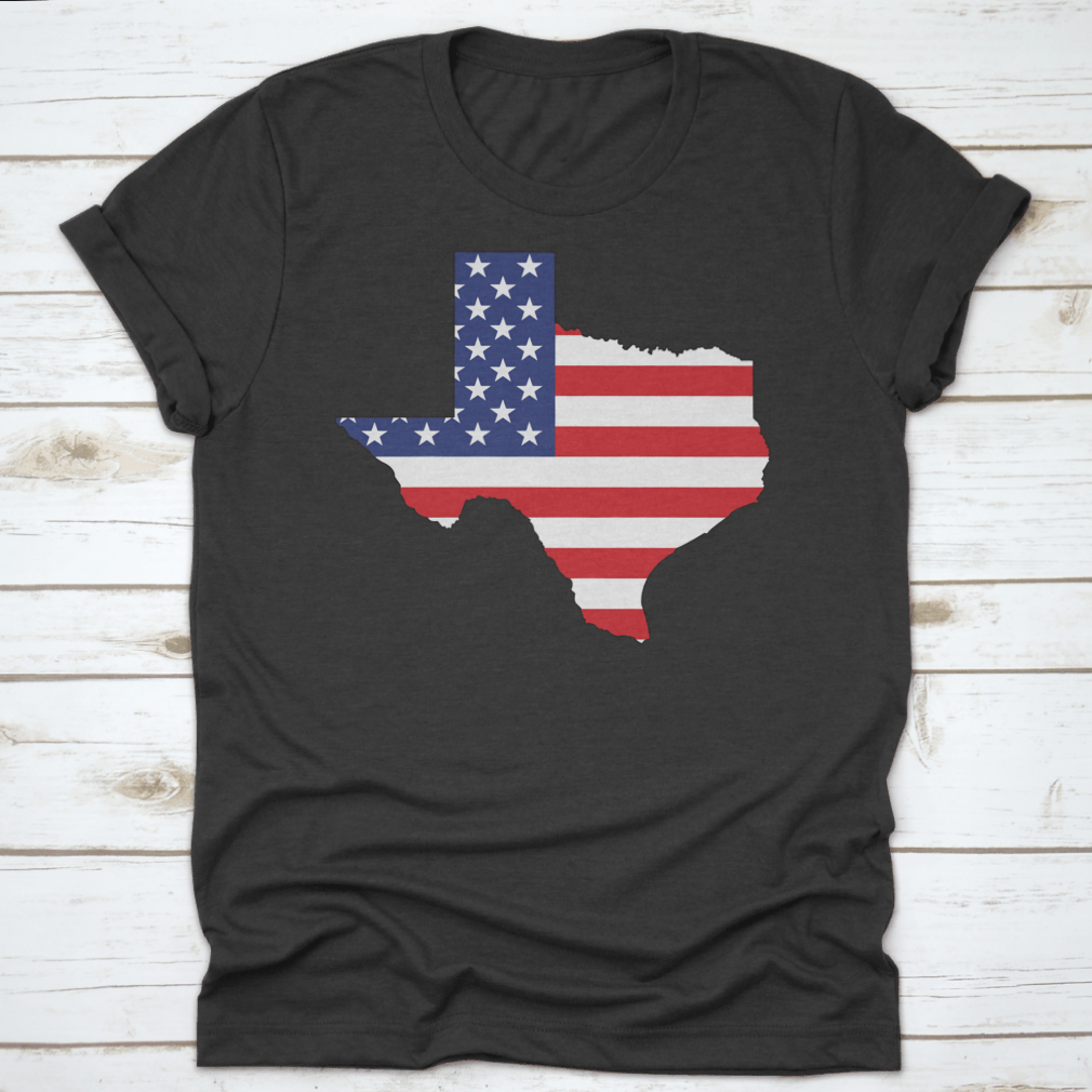 American Flag Texas State Shape Map Word Cloud shirt, showcasing vibrant colors and unique design.