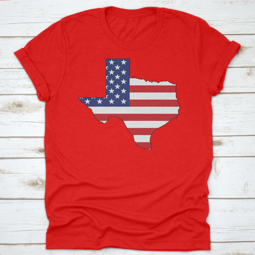 American Flag Texas State Shape Map Word Cloud shirt, showcasing vibrant colors and unique design.