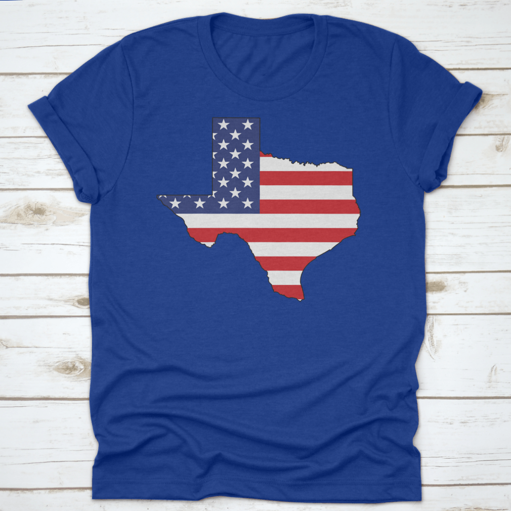 American Flag Texas State Shape Map Word Cloud shirt, showcasing vibrant colors and unique design.