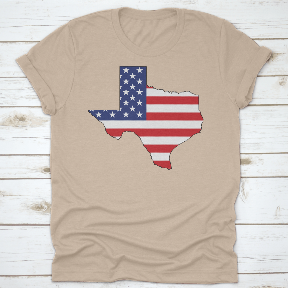 American Flag Texas State Shape Map Word Cloud shirt, showcasing vibrant colors and unique design.