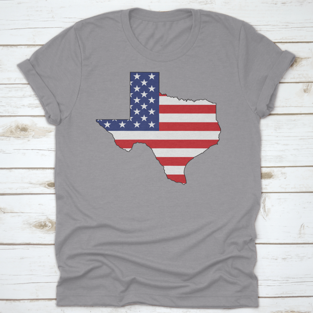 American Flag Texas State Shape Map Word Cloud shirt, showcasing vibrant colors and unique design.