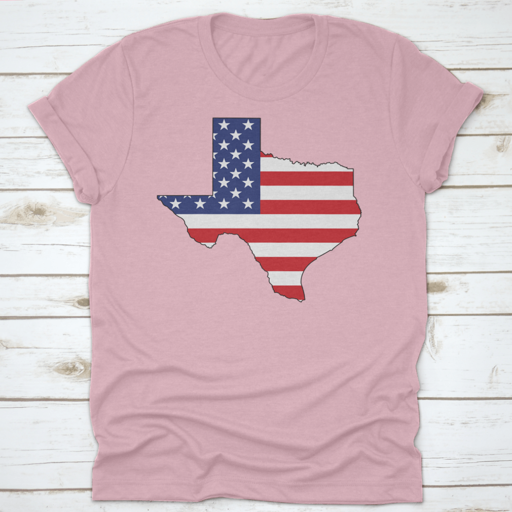 American Flag Texas State Shape Map Word Cloud shirt, showcasing vibrant colors and unique design.