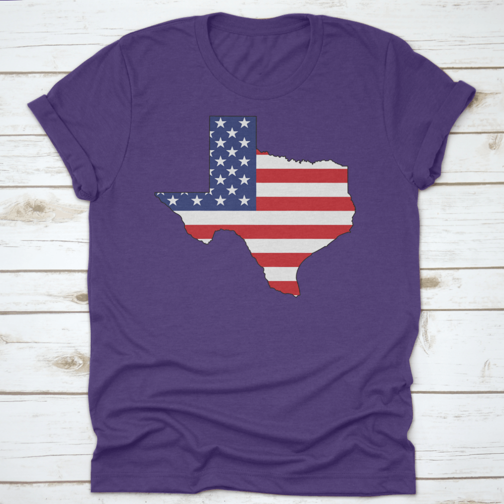 American Flag Texas State Shape Map Word Cloud shirt, showcasing vibrant colors and unique design.