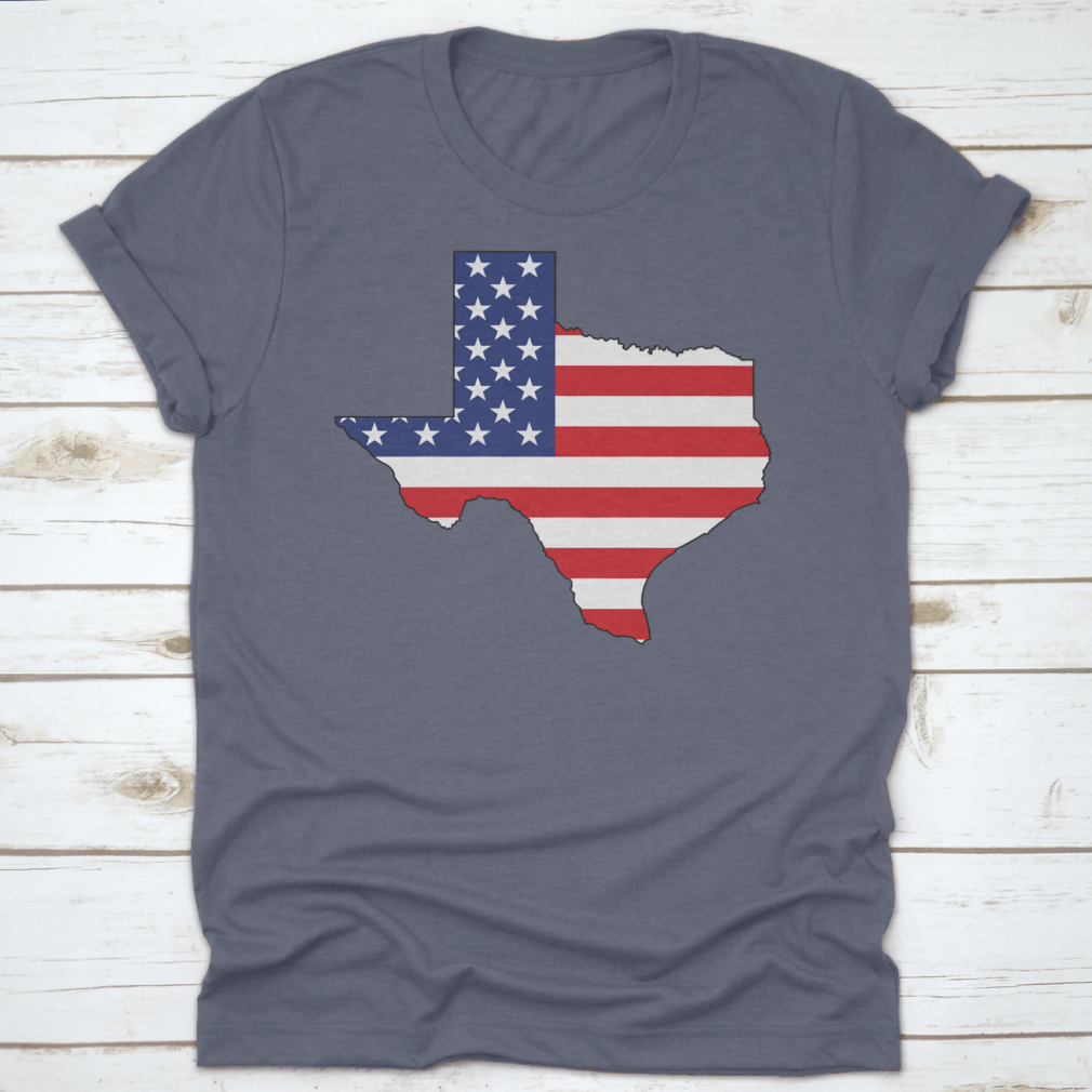 American Flag Texas State Shape Map Word Cloud shirt, showcasing vibrant colors and unique design.