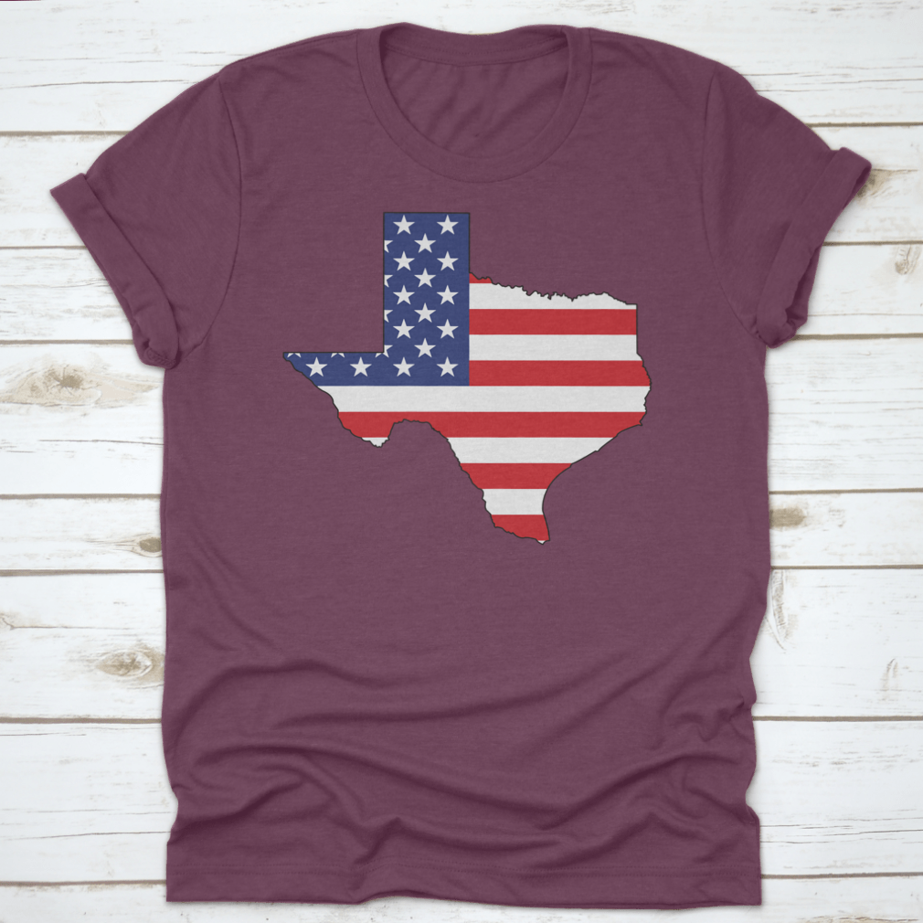 American Flag Texas State Shape Map Word Cloud shirt, showcasing vibrant colors and unique design.