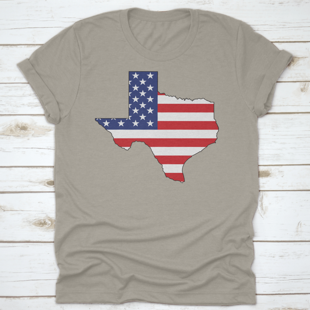 American Flag Texas State Shape Map Word Cloud shirt, showcasing vibrant colors and unique design.