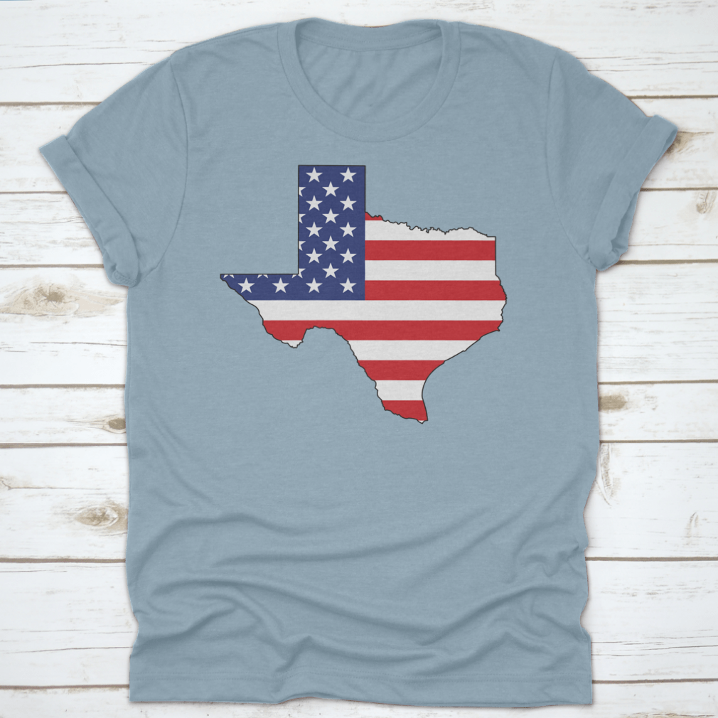 American Flag Texas State Shape Map Word Cloud shirt, showcasing vibrant colors and unique design.