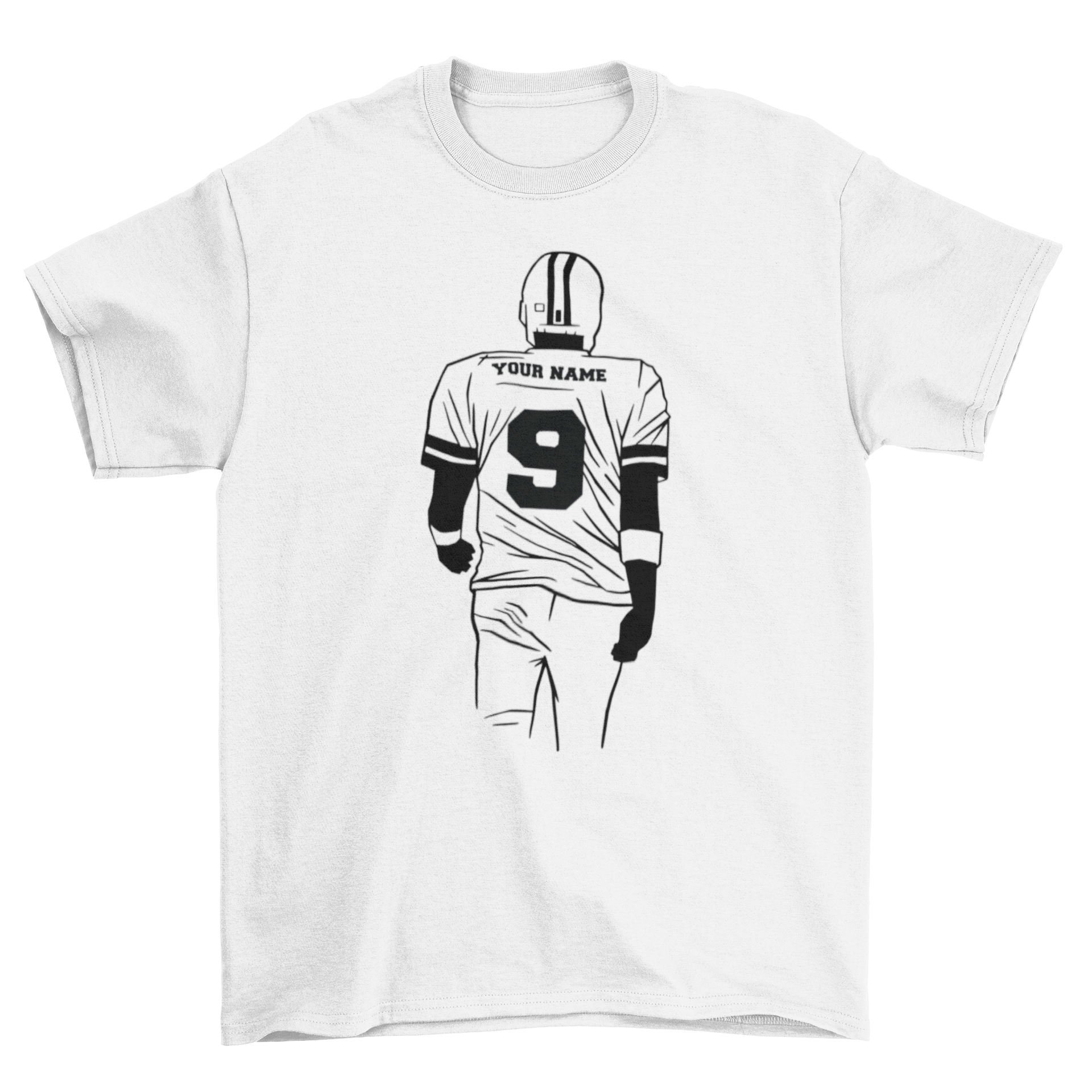 American football editable t-shirt featuring a player illustration and customizable text.
