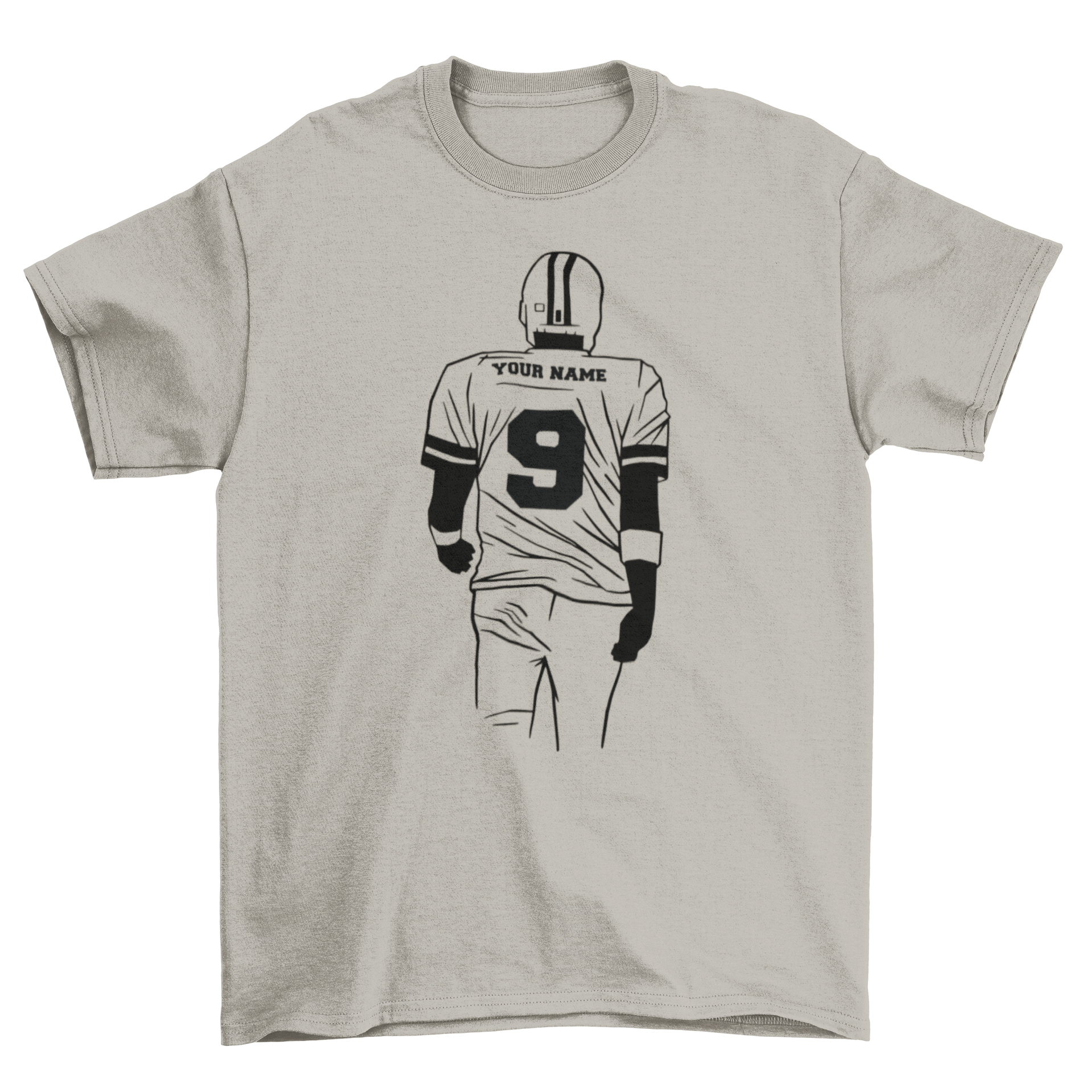 American football editable t-shirt featuring a player illustration and customizable text.