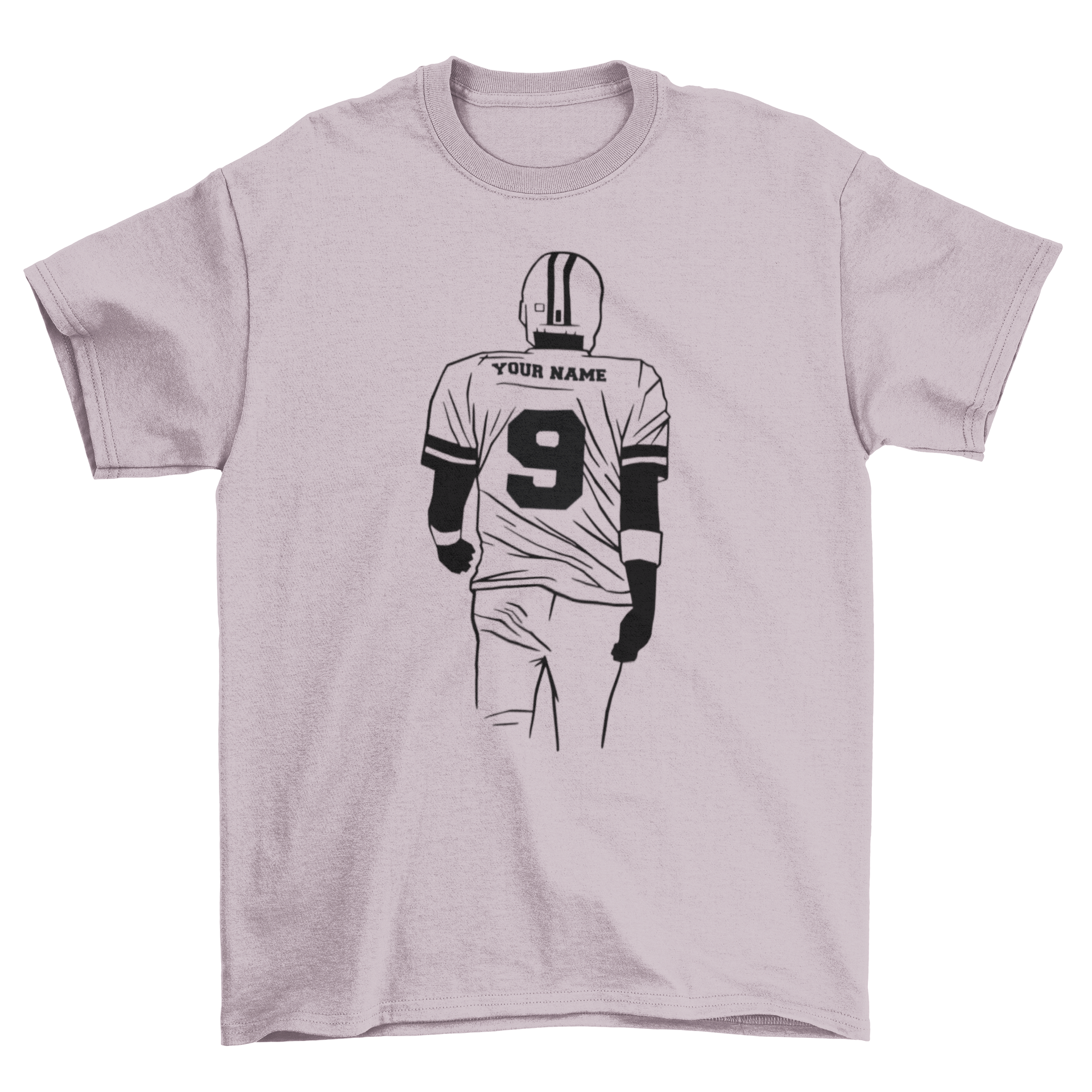 American football editable t-shirt featuring a player illustration and customizable text.