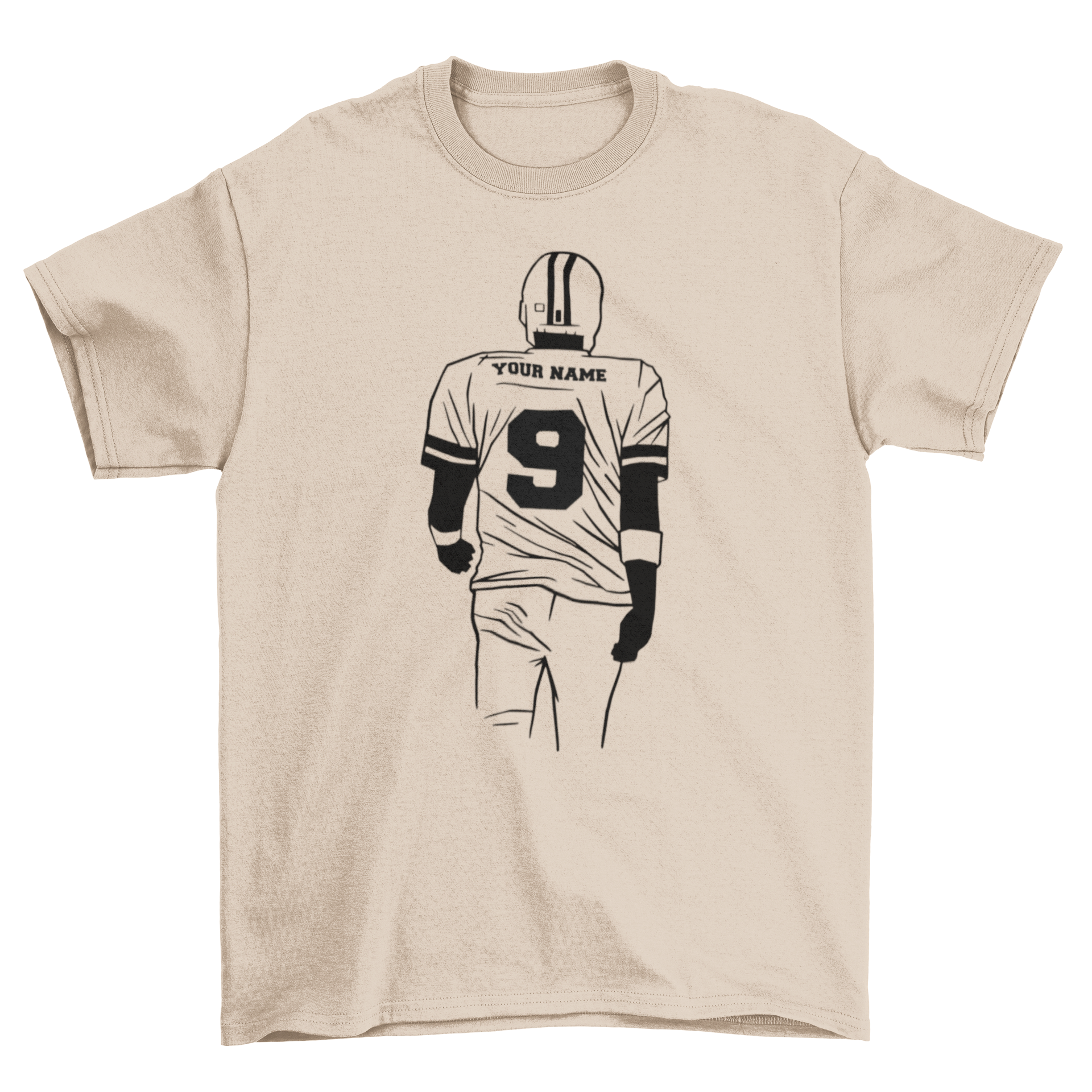 American football editable t-shirt featuring a player illustration and customizable text.