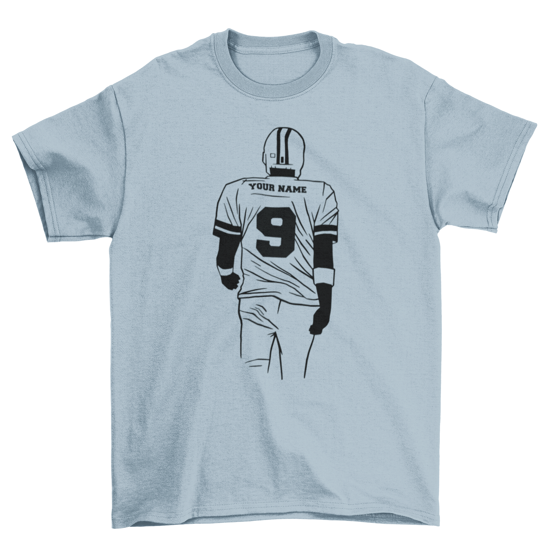 American football editable t-shirt featuring a player illustration and customizable text.