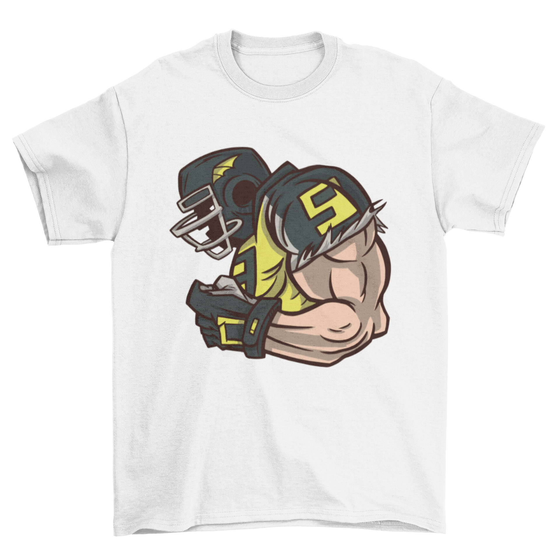 Stylish t-shirt featuring a muscular American football player in a side view design.