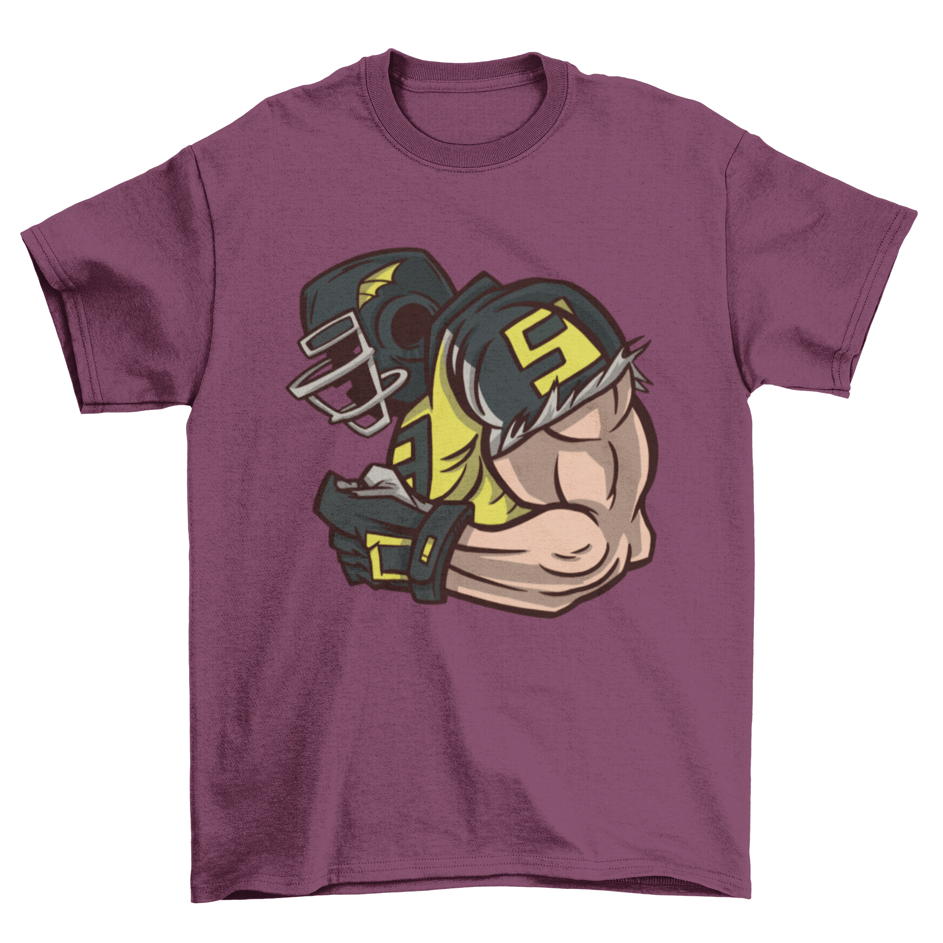 Stylish t-shirt featuring a muscular American football player in a side view design.