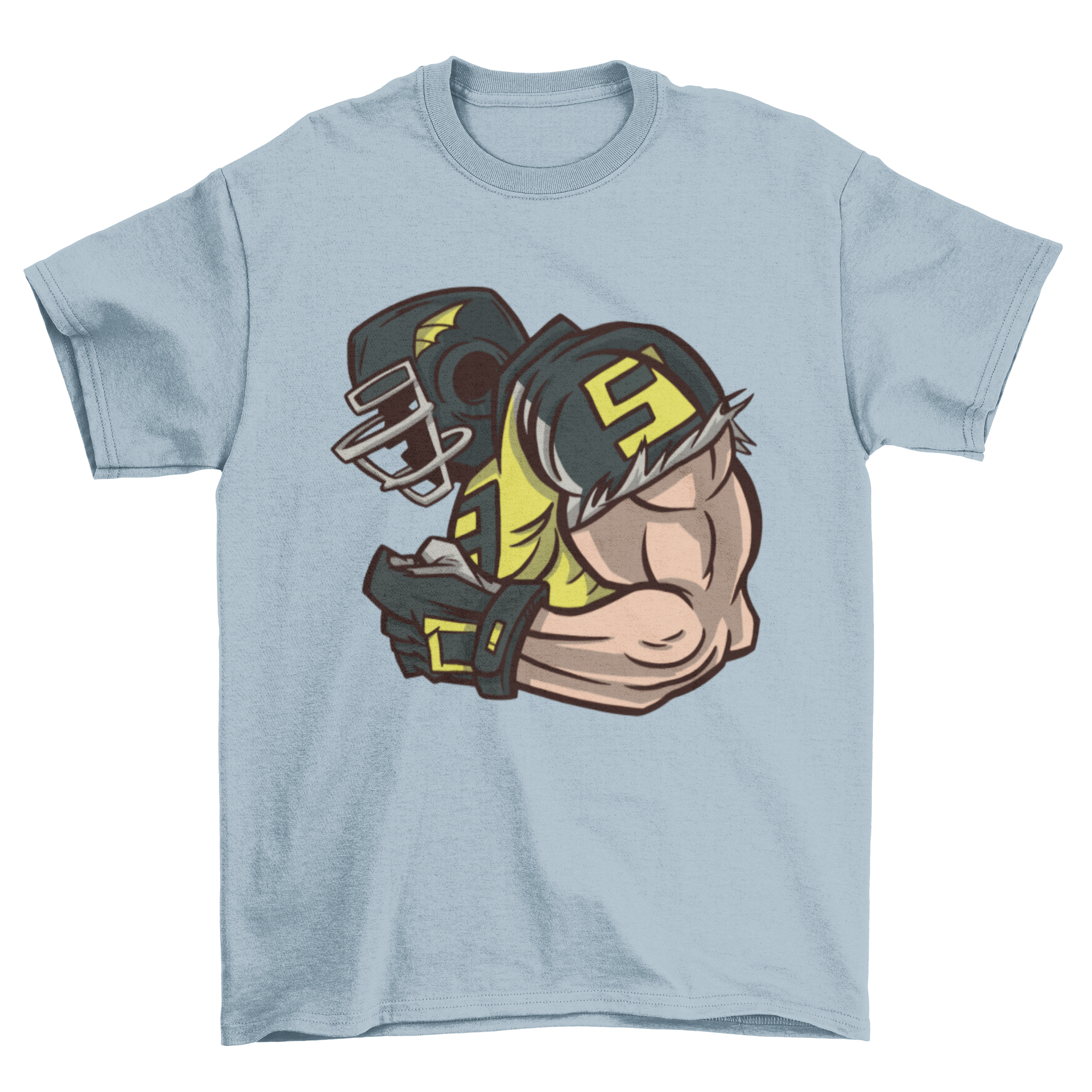Stylish t-shirt featuring a muscular American football player in a side view design.