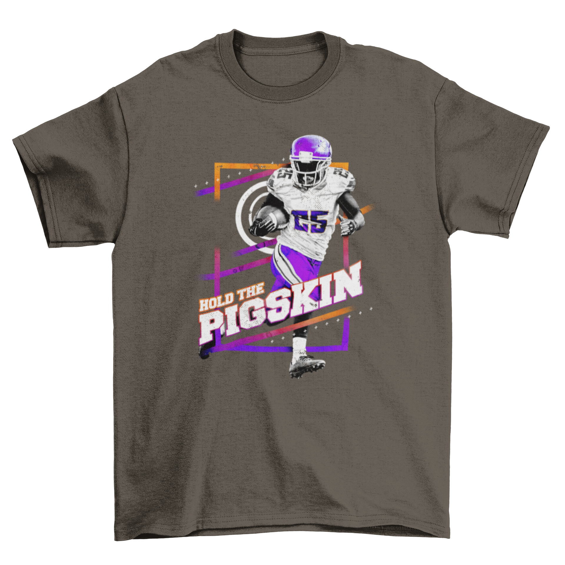 American football quarterback t-shirt featuring a running player and the quote 'Hold the pigskin' in vibrant colors.