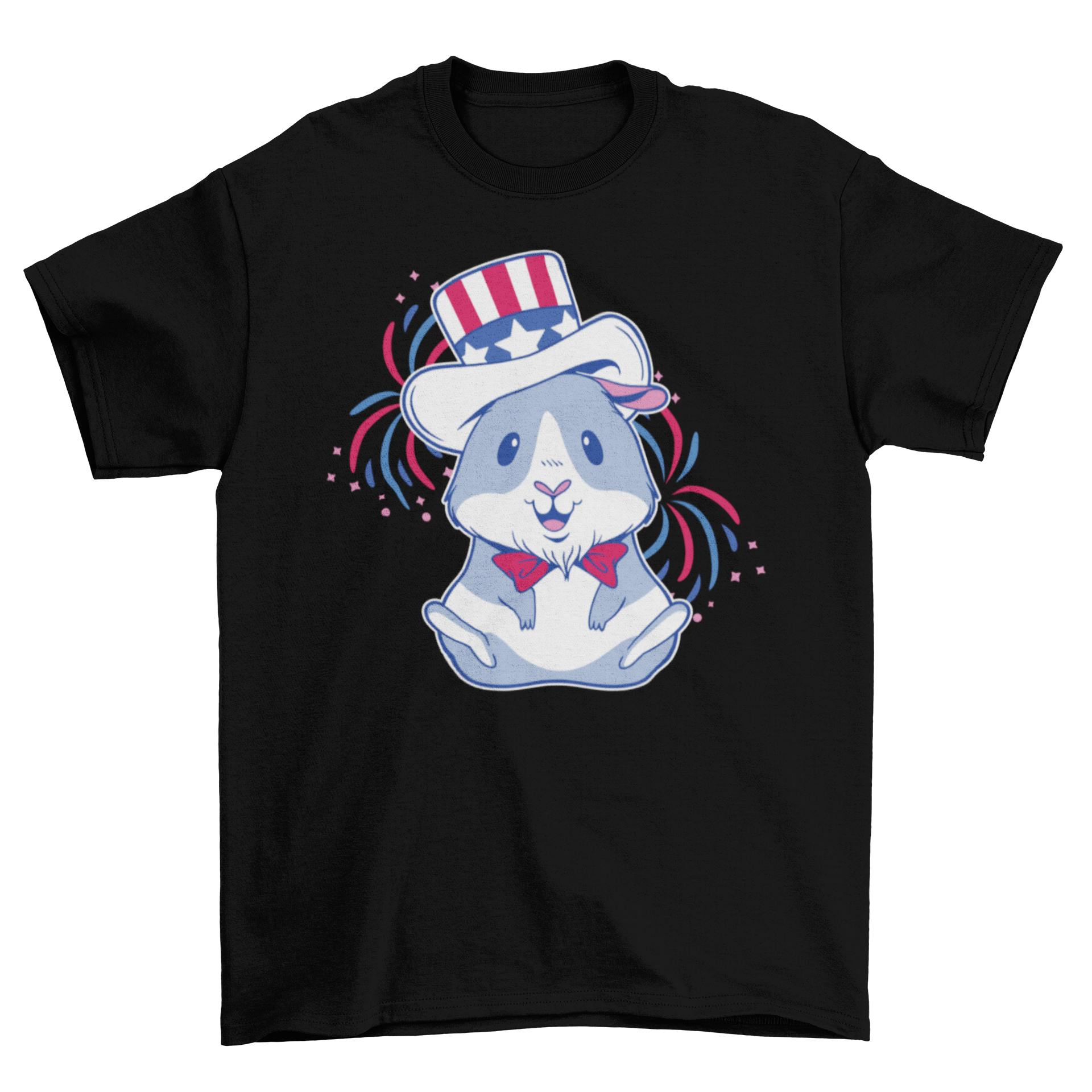 A colorful American Guinea Pig T-shirt featuring a guinea pig in festive colors with a hat and fireworks in the background.