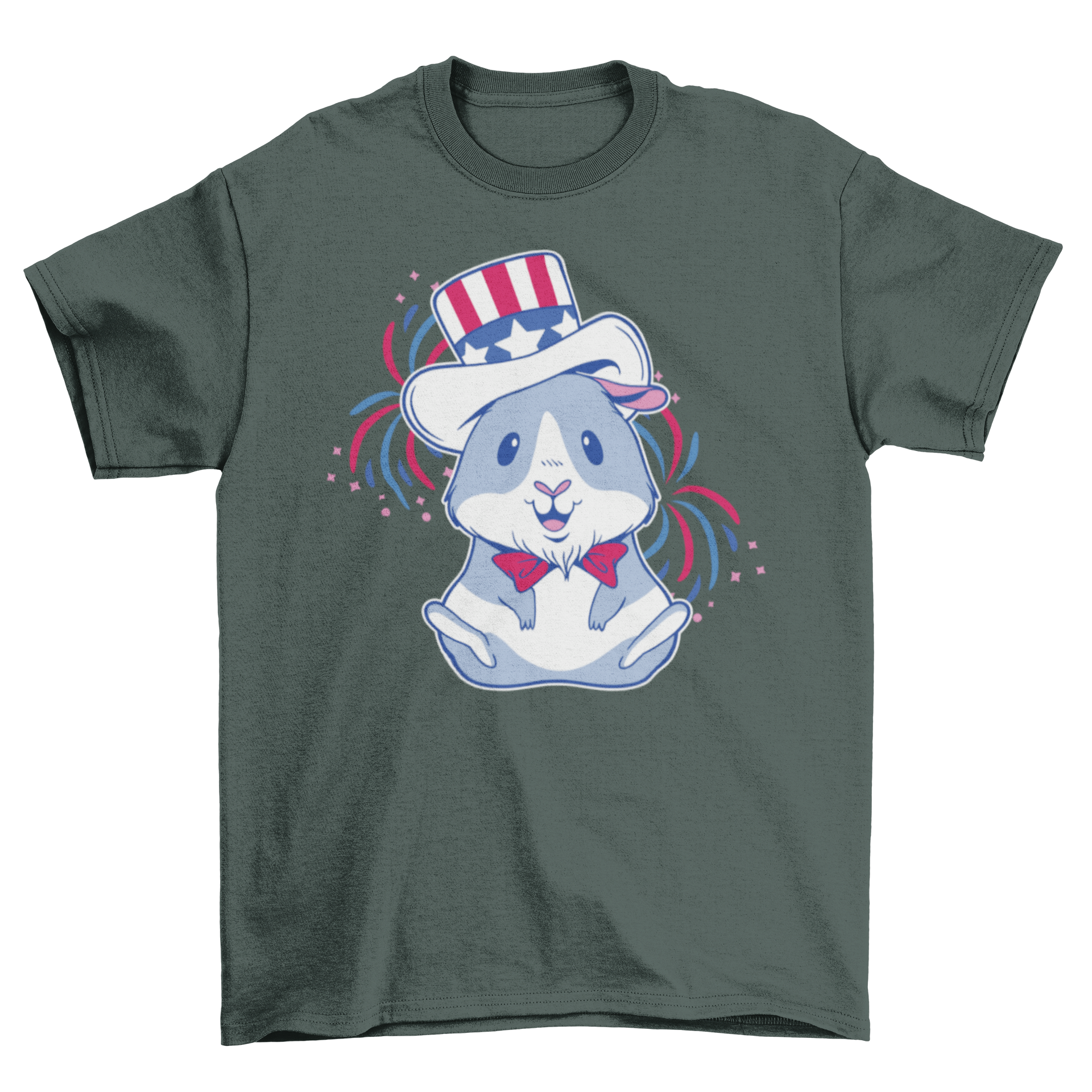 A colorful American Guinea Pig T-shirt featuring a guinea pig in festive colors with a hat and fireworks in the background.