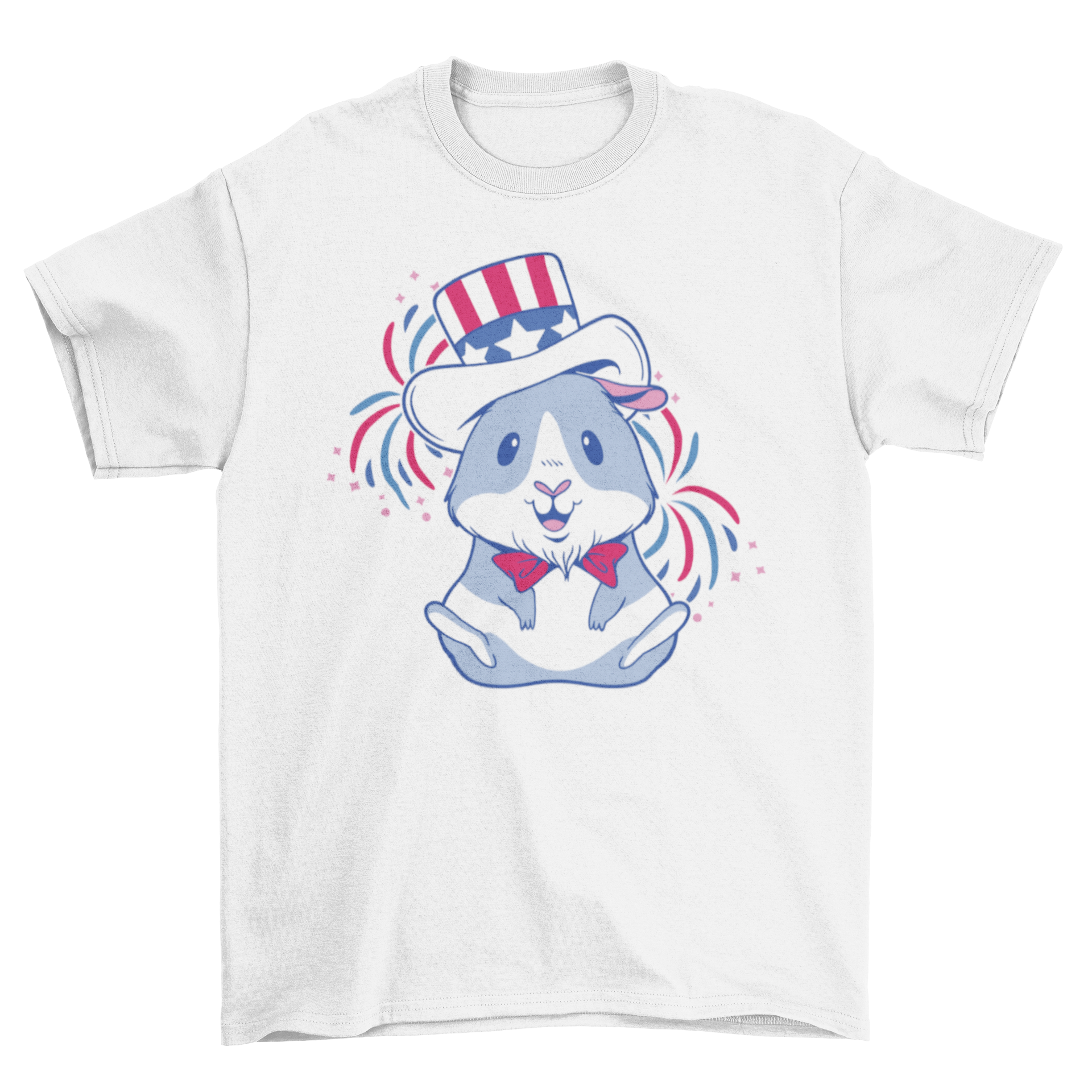 A colorful American Guinea Pig T-shirt featuring a guinea pig in festive colors with a hat and fireworks in the background.