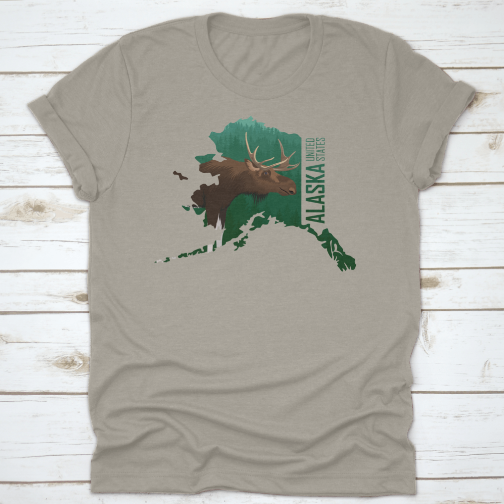 Vector illustration of a moose in a forest with an American state outline map background, showcasing wildlife and nature.