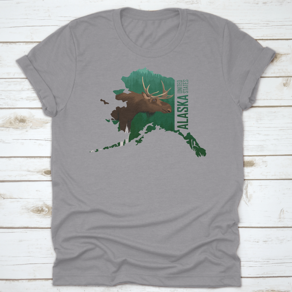 Vector illustration of a moose in a forest with an American state outline map background, showcasing wildlife and nature.